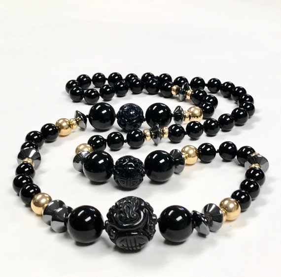 Vintage Chinese Black Onyx CARVED ETERNITY SYMBOL Shou Bead Knotted Necklace Vintage Hematite vintage Gold Filled Beads Etsy Canada
