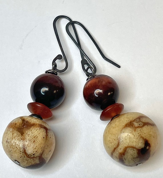 Vintage TIGER CORAL Dangle Drop Bead Earrings,Vin… - image 4
