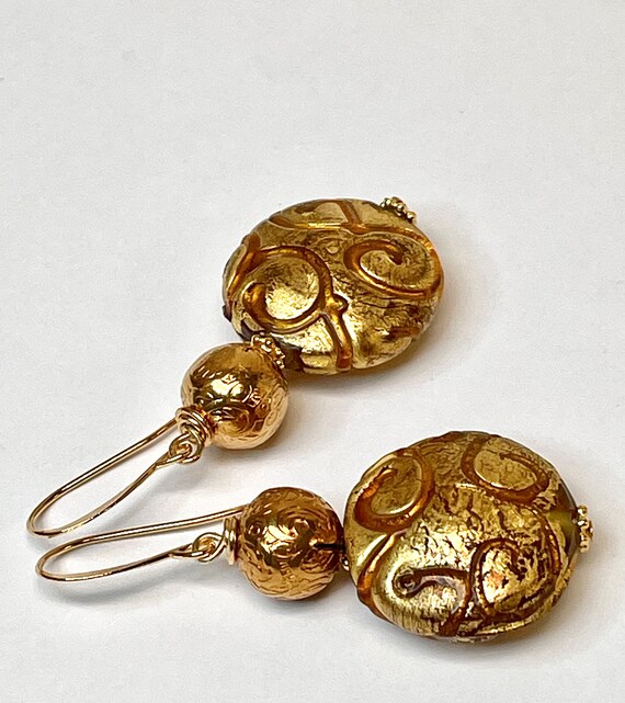 Antiqued Gold Etched Bead Long Dangle Earrings, C… - image 3