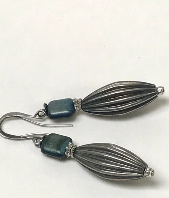 Vintage German Glass Teal Blue Iridescent Bead Re… - image 1