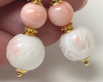 Vintage Pink ANGEL SKIN CORAL Dangle Bead Earrings,Vintage Japanese White Coral Glass Flower Beads,Handmade Bali 24k Gold Ear Wires,Bead Cap