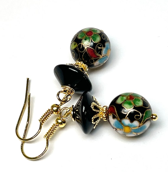 Vintage Chinese Black Cloisonne Flower Bead Earri… - image 5
