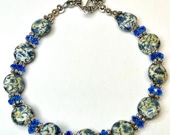 Vintage Japanese Tensha Chrysanthemum Beads, Cobalt Tin Cut Crystal, Sterling Silver Bracelet