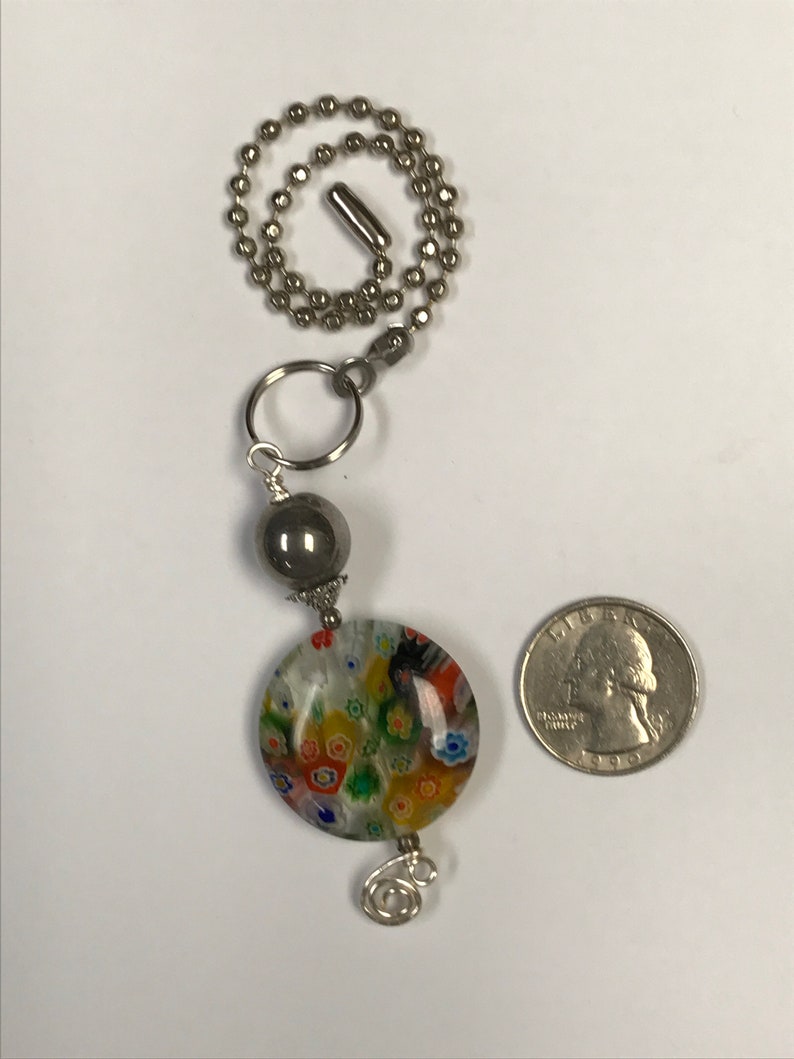 Vintage MILLEFIORI MULTI COLORED Glass Chinese Yellow Green Blue Red Fan Pull Large Bead Vintage Chinese Silver Glass Bead,Silver Bead Cap