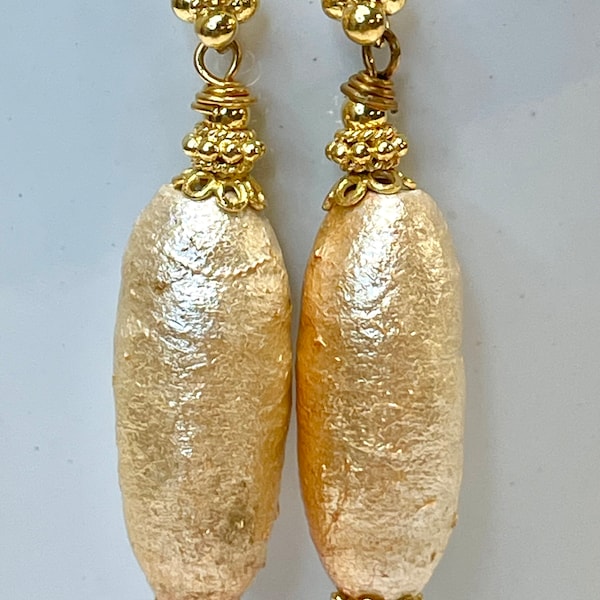 Vintage Japanese COTTON PEARL RARE 1940s Oval Bead Earrings, Handmade Bali 24K Gold Vermeil Bead Cap Bali 24K Gold Vermeil Ear Wire