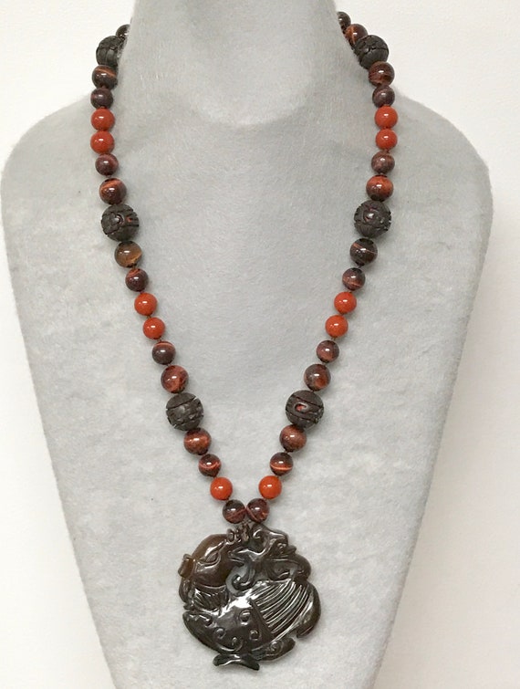 Vintage CINNABAR Chinese RARE BROWN Knotted Bead … - image 7