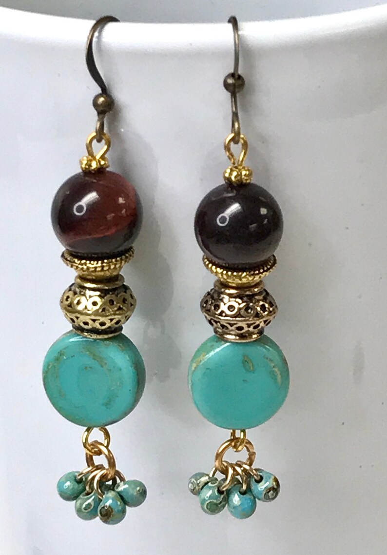 Vintage RED TIGEREYE Dangle Cluster Bead Earrings, Vintage TURQUOISE Glass Beads,Japanese Miyuki Picasso Turquoise Beads, Bali Style Gold image 4