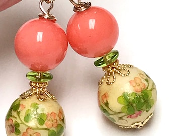 Vintage Rare CORAL Chalcedony Bead Dangle Earrings,Vintage Japanese TENSHA Flower Bead ,German Lime Glass, Bali 24K Gold Vermeil Ear Wires
