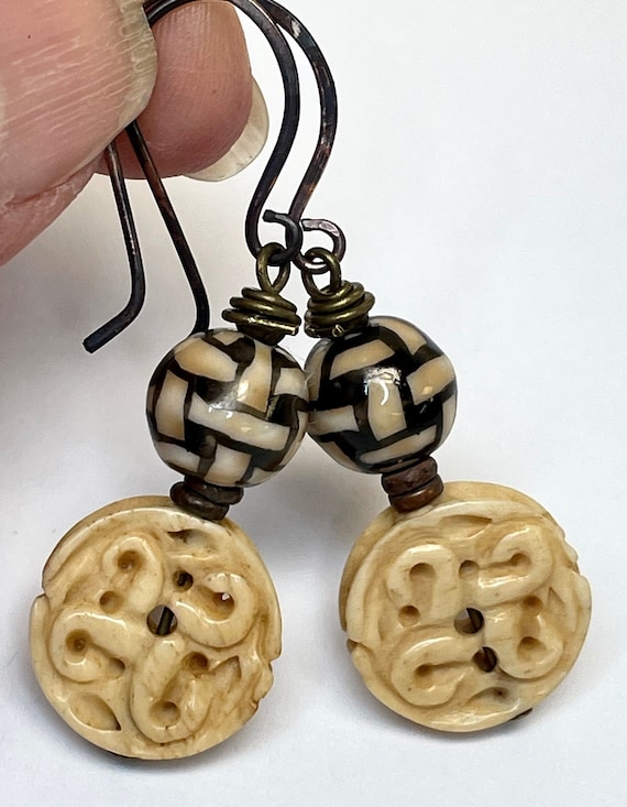 Vintage Chinese Carved BONE KNOT Bead Dangle Earr… - image 1