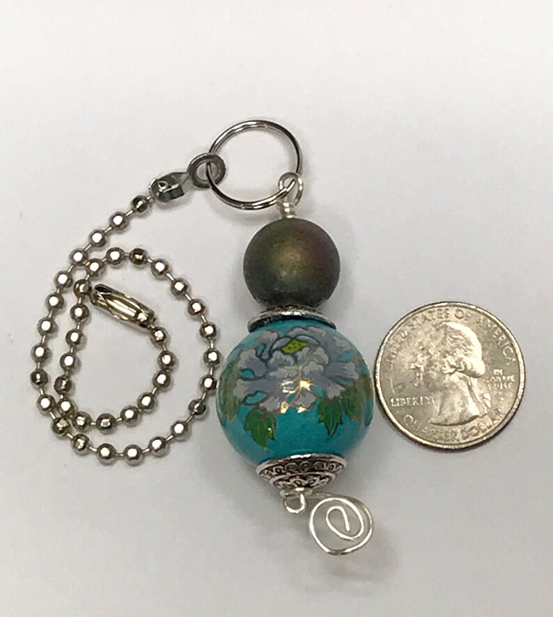 Vintage Chinese TURQUOISE Porcelain Bead PURPLE Flowers Light Fan Pull,Contemporary Chinese Iridescent Teal Blue Glass Bead,Silver Bead Caps