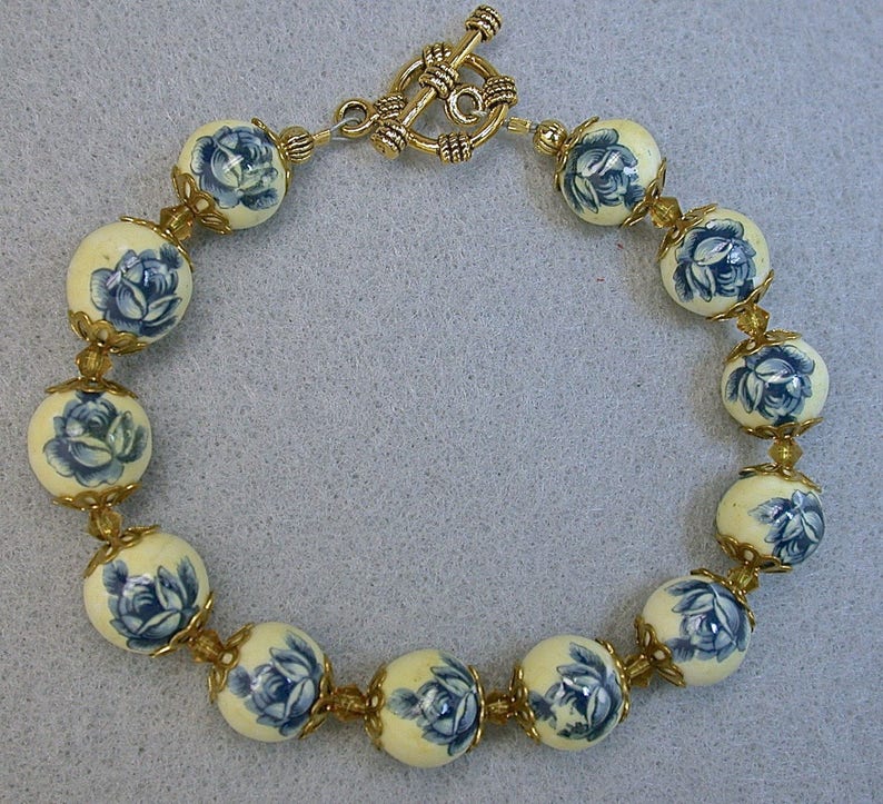 Vintage Japanese PORCELAIN TENSHA Blue Rose Bead Bracelet,Vintage Yellow Crystal Gold Plated Toggle Clasp Matched Jewelry Set