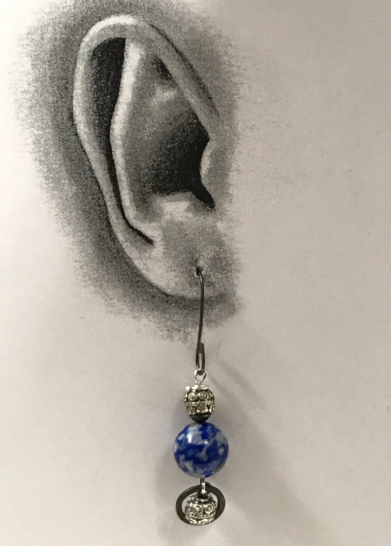 Vintage LAPIS Blue DENIM Long Dangle Earrings,Bali Style Ornate Silver Beads,Handmade Oxidized Sterling Silver Ear Wires And Silver Hoops
