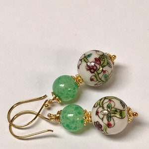 Vintage Chinese PORCELAIN White Pink Flower Peach Bead Dangle Earrings,Vintage 1940s Japanese Handmade Green Glass Beads,Bali Gold Ear Wires image 2