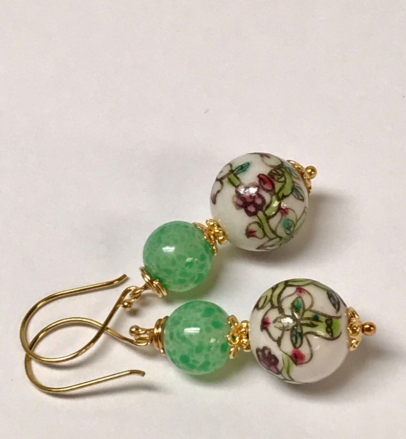 Vintage Chinese PORCELAIN White Pink Flower Peach Bead Dangle Earrings,Vintage 1940s Japanese Handmade Green Glass Beads,Bali Gold Ear Wires image 2