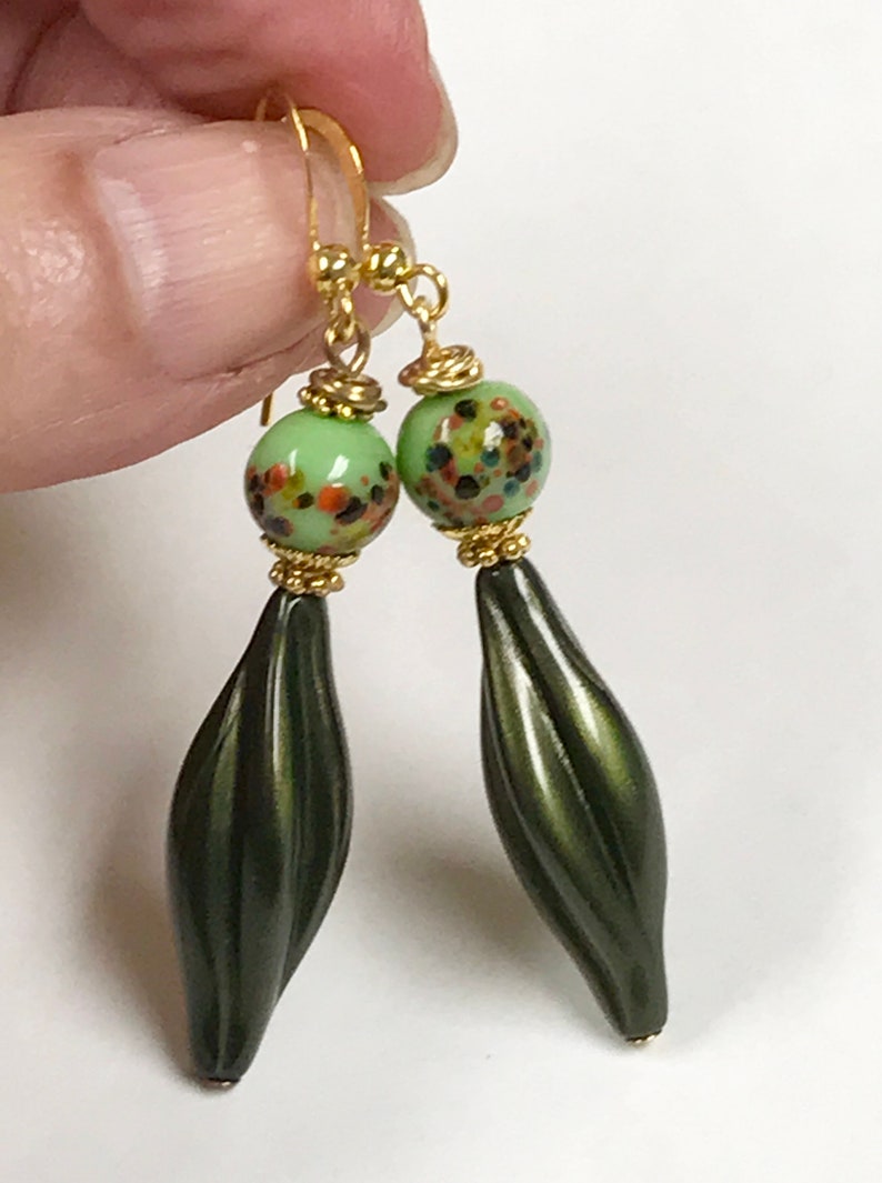 Vintage Japanese LIME GREEN Millefiori Glass Bead Dangle Drop Earrings, Vintage German Jade Green Lucite Beads,Gold Plated French Ear Wires image 3