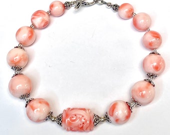 Vintage Precious ANGEL SKIN CORAL Bead Bracelet,Vintage Shou Angel Skin Coral Barrel Bead,Bali  Sterling Silver Bead Caps,Toggle Clasp