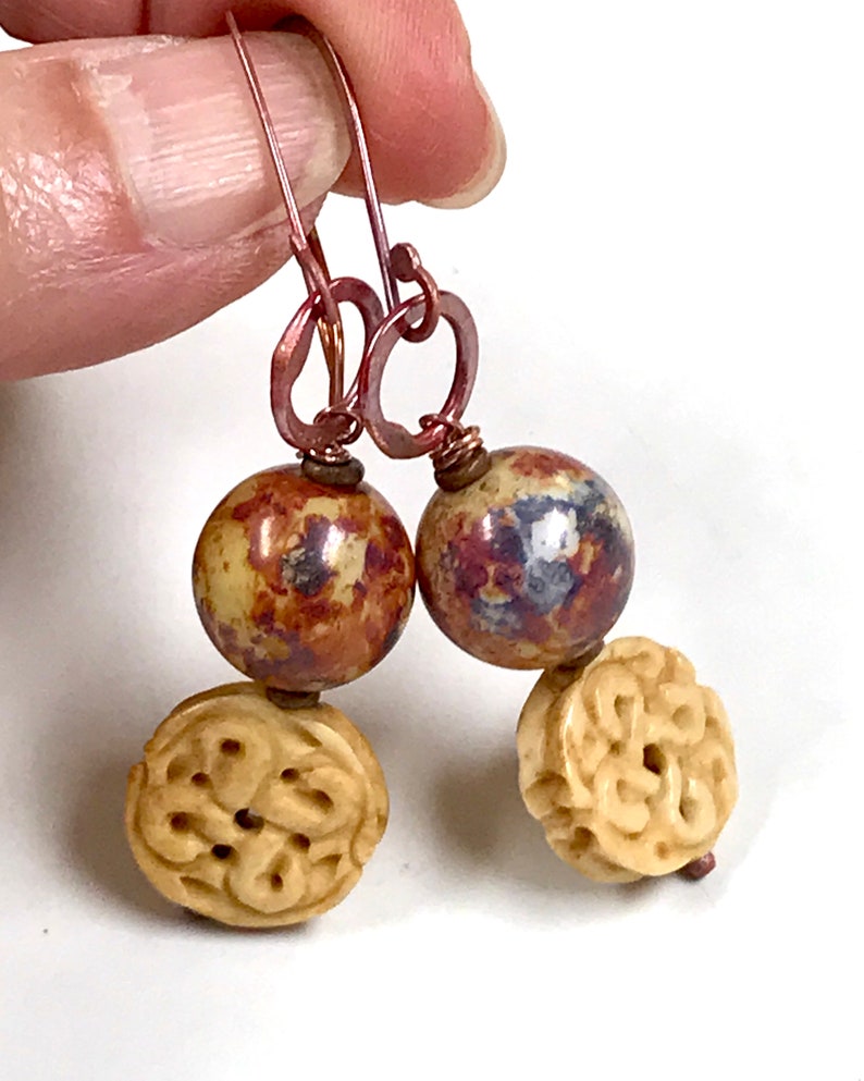 Vintage Chinese CARVED BONE KNOT Bead Dangle Earrings,Vintage German Blue Purple Picasso Glass Bead,Handmade Rose Copper Ear Wires And Hoops