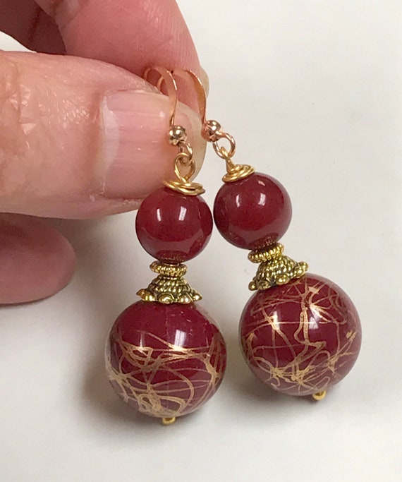 Vintage RARE Chalcedony Cranberry Red Bead Dangle… - image 1