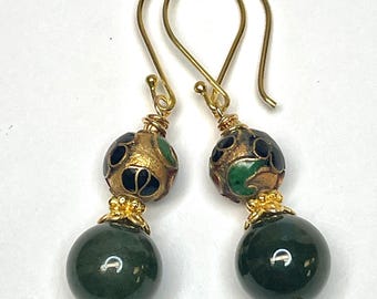 Vintage Chinese Gold Champleve Cloisonne Bead Dangle Earrings, Jade, Bali 24K Gold Vermeil