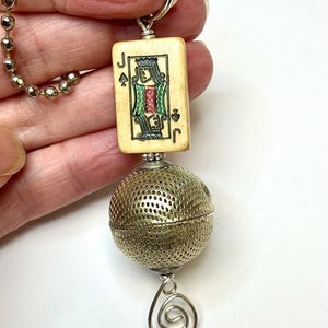 Vintage Chinese Bone MAJONG Tile Jack of Spades Fan Light Pull,Vintage Antiqued White Brass Tea Strainer Bead,Pewter Bead Caps-Asian Decor