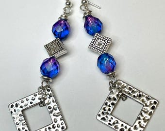 Vintage Czech Crystal Bead Geometric Earrings, Dichroic Cobalt Blue Purple, Silver Plated Hoops