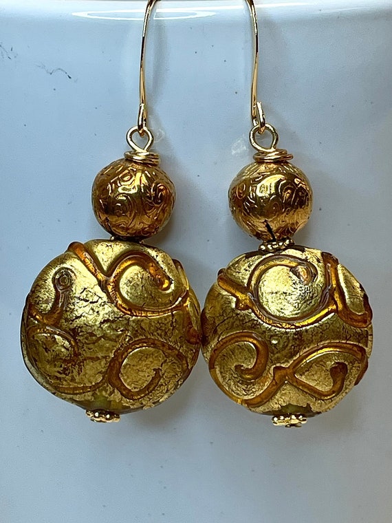 Antiqued Gold Etched Bead Long Dangle Earrings, C… - image 2