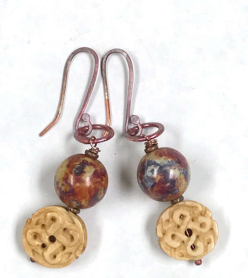 Vintage Chinese CARVED BONE KNOT Bead Dangle Earrings,Vintage German Blue Purple Picasso Glass Bead,Handmade Rose Copper Ear Wires And Hoops
