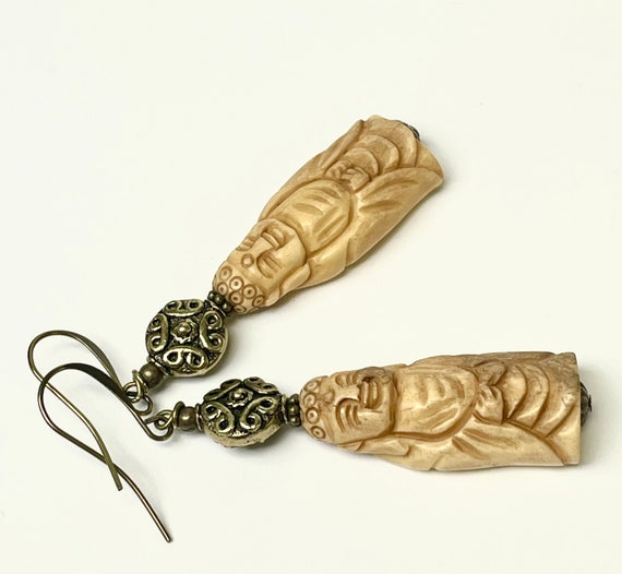 Vintage Buddha Bead Hand Carved Bone Earrings Dan… - image 6