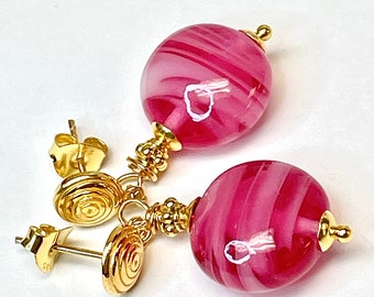 Vintage Japanese CHERRY PINK STRIPED Lentil Circular Glass Bead Post Earrings, Bali 24K Gold Vermeil Posts