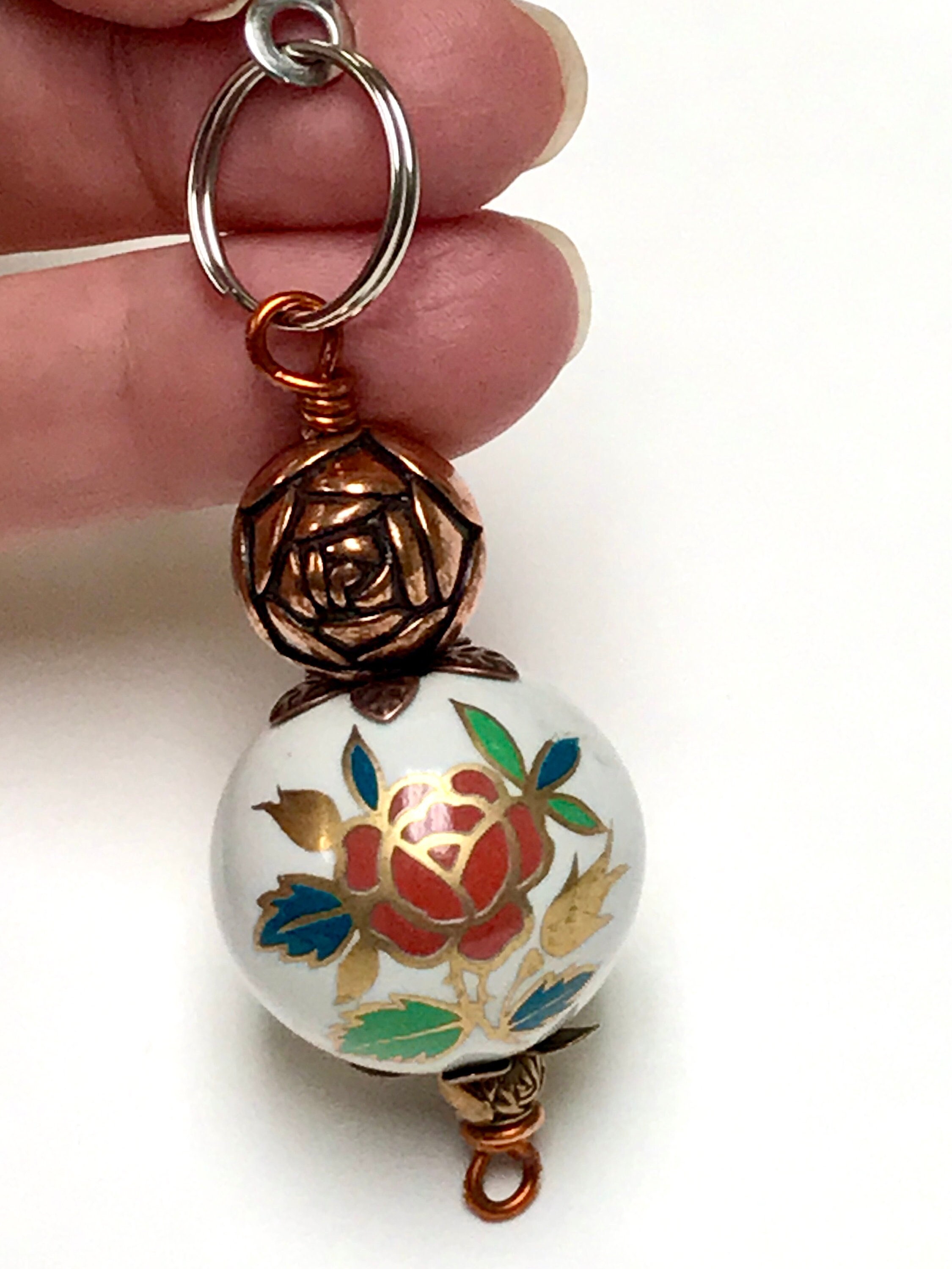 Vintage Chinese White Porcelain RED ROSE Flower Beaded Fan Light Pull , Vintage Copper Rose Beads,Copper Petals Bead Caps