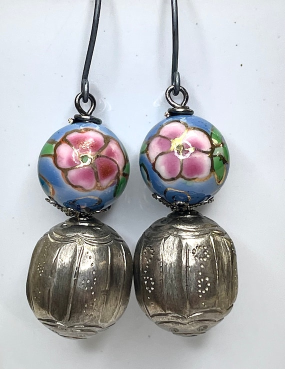 Antique Chinese Qing Silver Dangle Earrings,Vintag