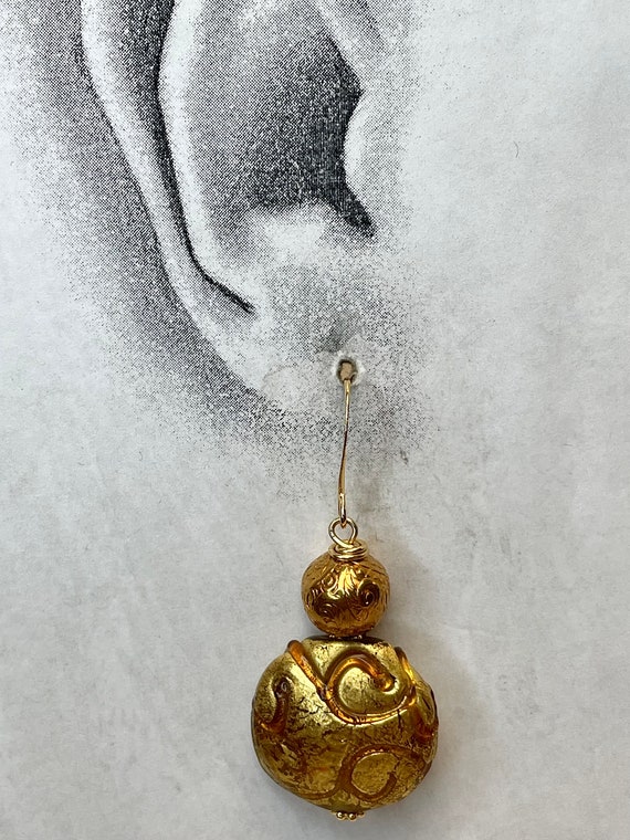 Antiqued Gold Etched Bead Long Dangle Earrings, C… - image 5