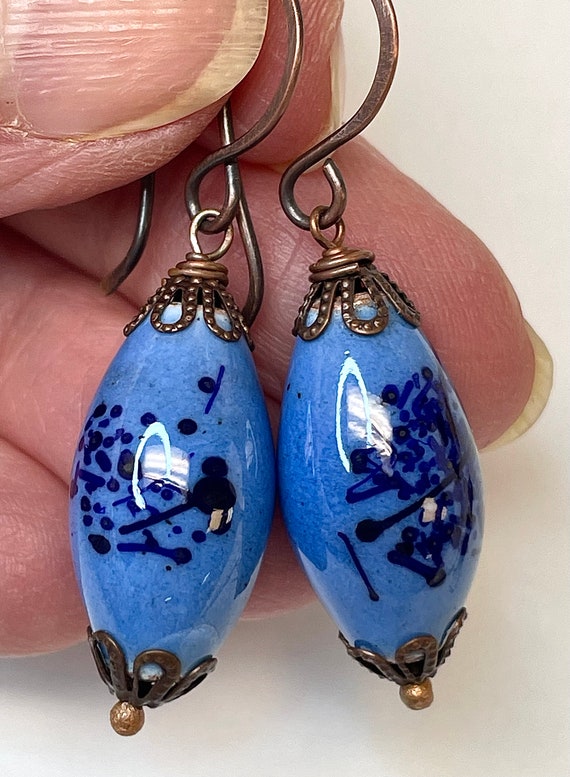 Vintage Handmade ENAMELED COPPER COBALT Blue Bead… - image 3