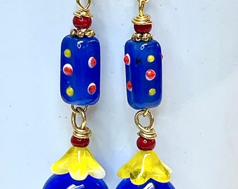 Vintage CZECH GLASS SPOTTED Cobalt Blue Red Yellow Bead Dangle Earrings,Vintage German Yellow Glass Flower Bead,Vintage Japanese Blue Glass