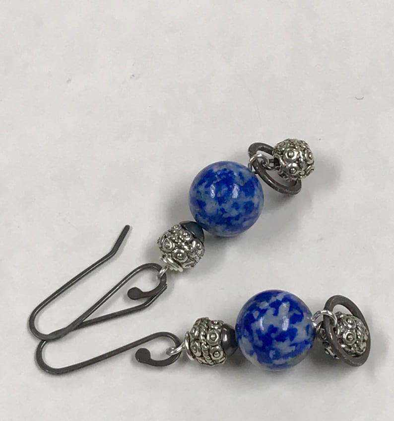 Vintage LAPIS Blue DENIM Long Dangle Earrings,Bali Style Ornate Silver Beads,Handmade Oxidized Sterling Silver Ear Wires And Silver Hoops