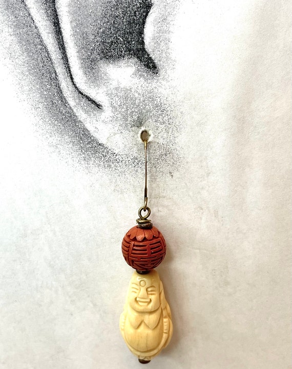 Vintage CARVED BONE Buddha Bead Earrings Dangle D… - image 4