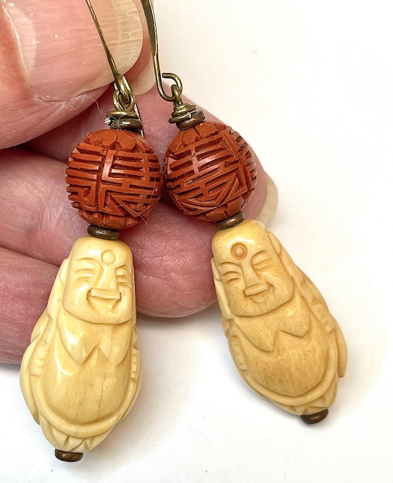 Vintage CARVED BONE Buddha Bead Earrings Dangle D… - image 5
