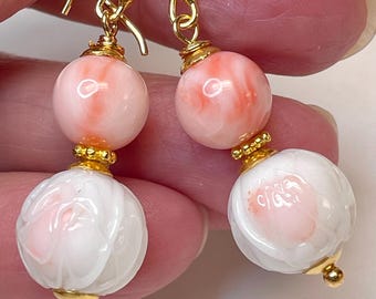 Vintage Angel Skin Coral Dangle Earrings, Japanese Glass Flower Beads, Bali Gold Vermeil Wires