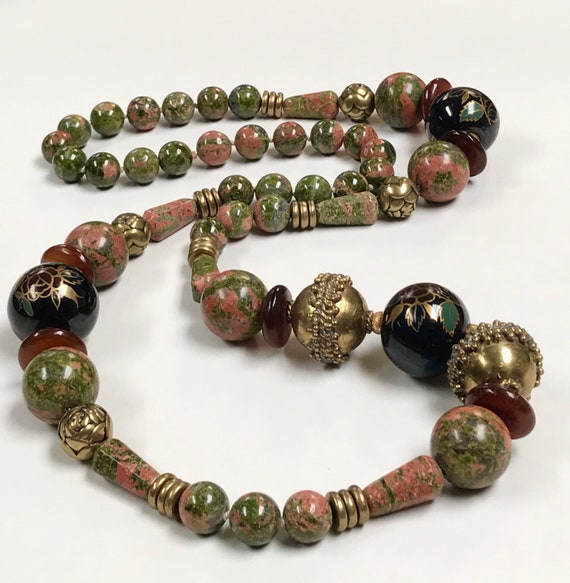 Vintage Unakite Olive Green Coral Bead Knotted Ne… - image 5