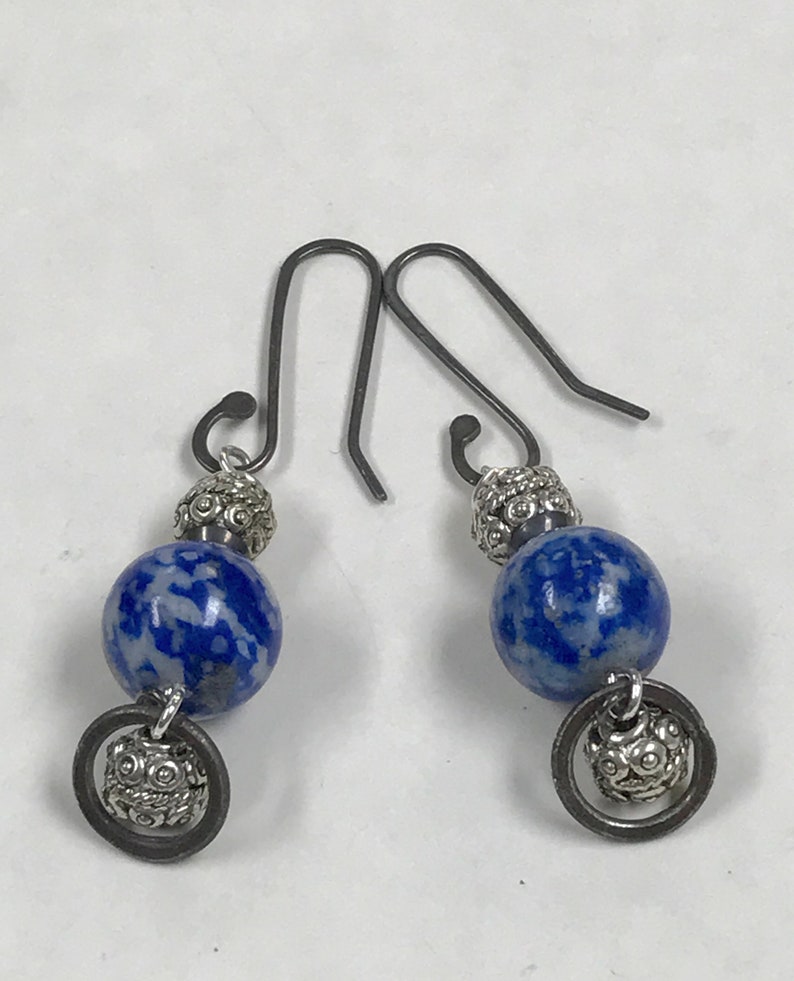 Vintage LAPIS Blue DENIM Long Dangle Earrings,Bali Style Ornate Silver Beads,Handmade Oxidized Sterling Silver Ear Wires And Silver Hoops