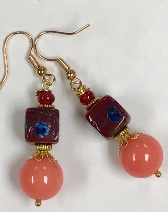 Vintage RARE CORAL CHALCEDONY Bead Dangle Drop Ear