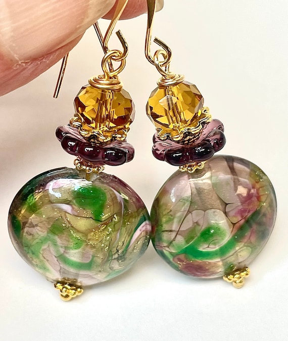 Vintage Chinese Lampwork Givre' Purple Green Glas… - image 1