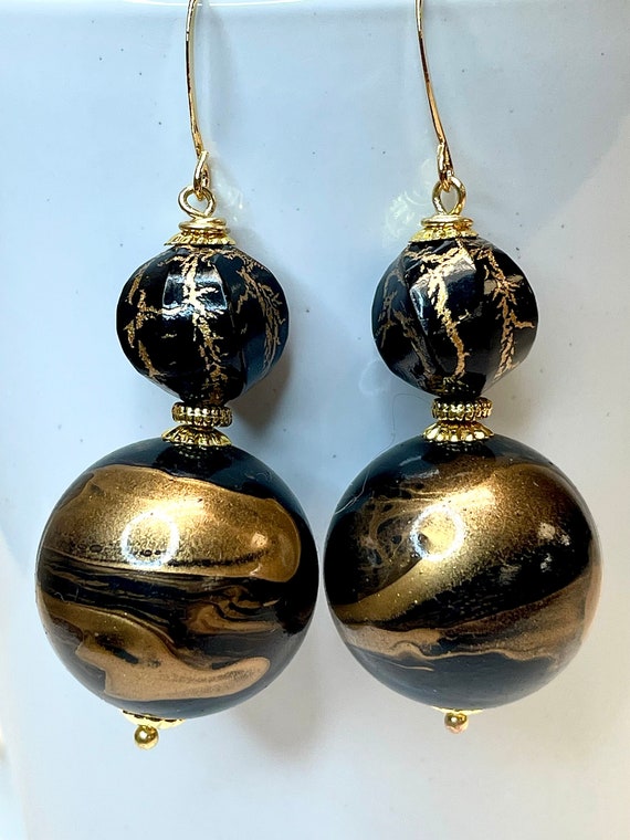 Vintage LUCITE Black Gold Hand Painted Marble Swir