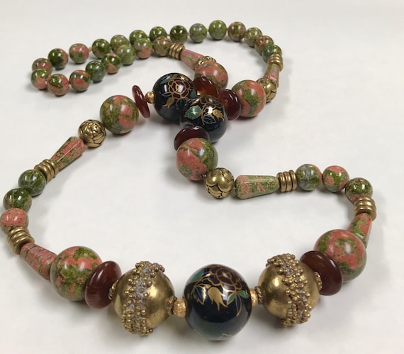 Vintage Unakite Olive Green Coral Bead Knotted Ne… - image 1
