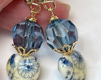 Vintage Japanese Heart Tensha Bead Earrings, Delft Blue Floral, German Pressed Glass (Gift Wrapped)