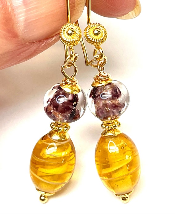 Vintage Japanese YELLOW Lampwork Oval Bead Dangle… - image 2