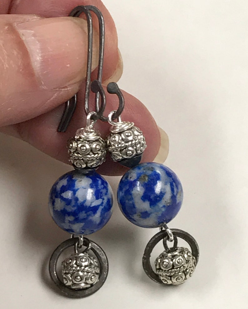 Vintage LAPIS Blue DENIM Long Dangle Earrings,Bali Style Ornate Silver Beads,Handmade Oxidized Sterling Silver Ear Wires And Silver Hoops