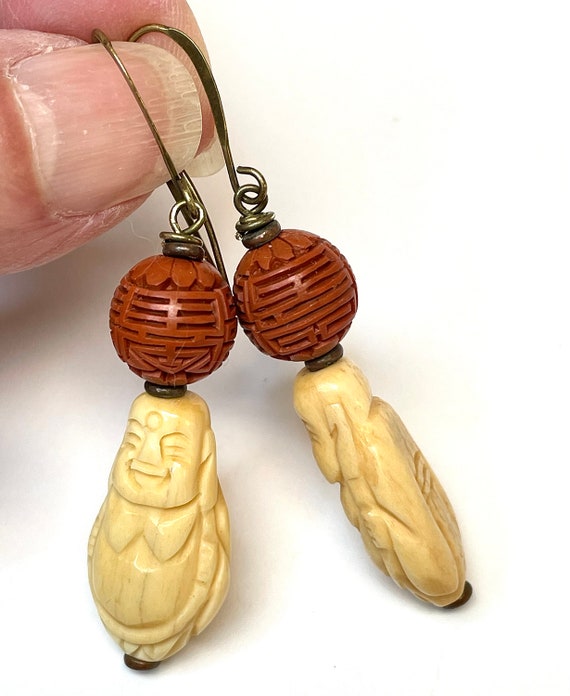 Vintage CARVED BONE Buddha Bead Earrings Dangle D… - image 6