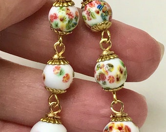 Vintage Japanese White Millefiori Glass Red Blue Green Flowers Triple Long Bead Dangle Earrings,Bali Handmade 14K Gold Vermeil Ear Wires