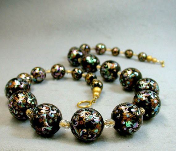 Vintage Japanese TENSHA IRIDESCENT BLACK Bead Gra… - image 8